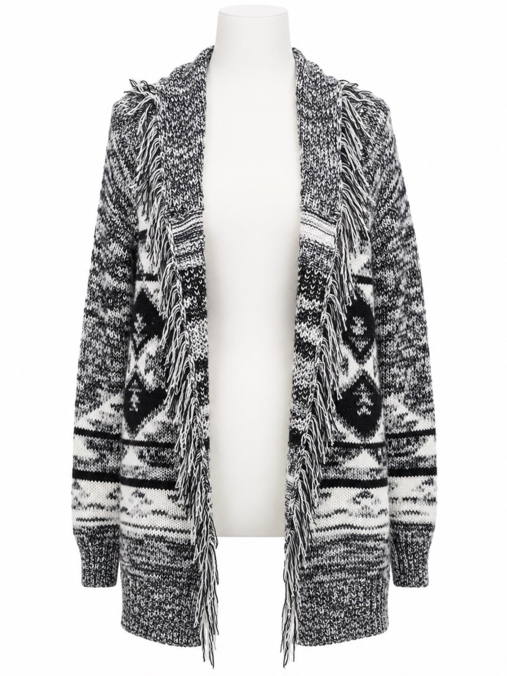 Wrangler retro Black & White Fringe-Trim Open Knit hooded Cardigan